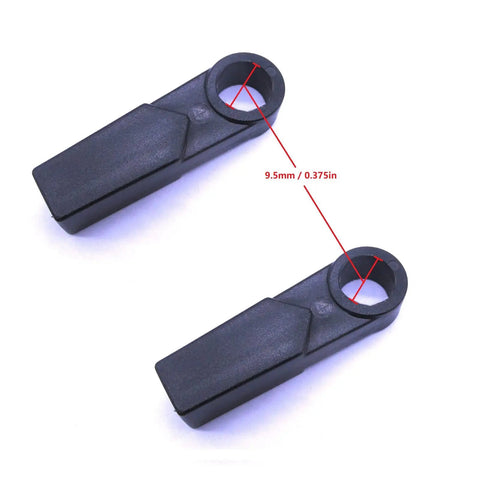 Heavy Duty Remote Control Cable End For Yamaha Outboard Engine Shift And Throttle Mounts Directly On Engine Easy Install For 6HP To 300HP Models From 1984 Through 2012 Replaces OEM Part 6E5 48344 00 Includes Two Pieces, showing two black connectors with measurements.