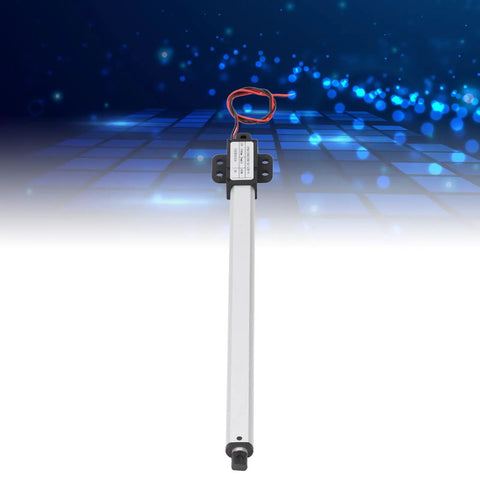 Compact 12V DC Linear Actuator With 200mm Stroke, 150N Lift, featuring a robust metal housing against a technological background.