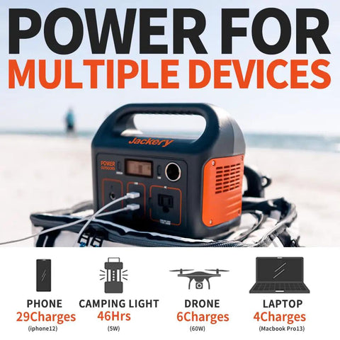 Portable Power Station Explorer 290 290Wh Capacity With 200W Continuous Output Pure Sine Wave 110V Outlet shown on a beach