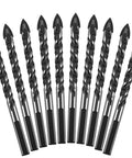 10-piece carbide drill bit set with 1/4-inch 3-flats shanks, black twist bits arranged in a fan
