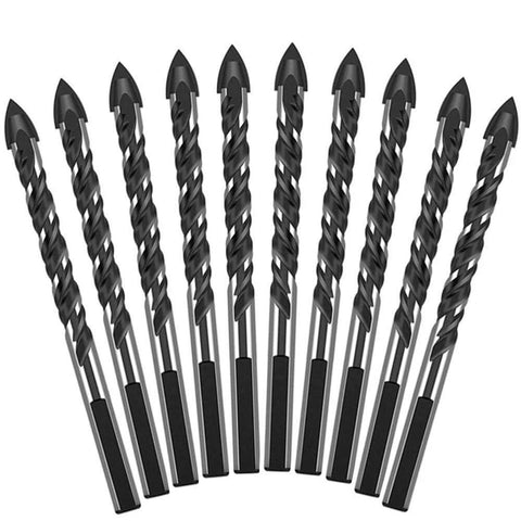 10-piece carbide drill bit set with 1/4-inch 3-flats shanks, black twist bits arranged in a fan