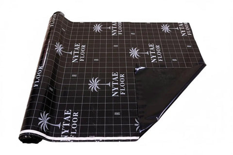 Heavy Duty 6 Mil Vapor Barrier Underlayment For Laminate And Vinyl Flooring with black grid pattern and shiny finish.