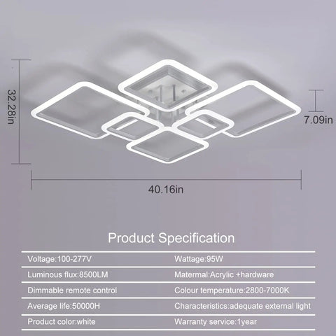Dope Modern LED Ceiling Light With Remote Control Dimming And Six Ring Geometric Design In White Finish 95W 850-8500LM