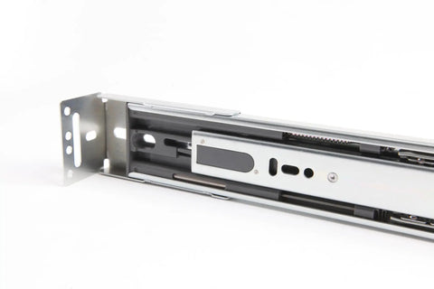 Heavy Duty Soft Close Drawer Slides And Replacement Socks That Glide Like Butter With Zero Jamming Issues Featuring A Rock Solid Rear Bracket For Full Extension Cabinet Drawers Rated At Two Hundred Pounds, close-up of metal slide and bracket.