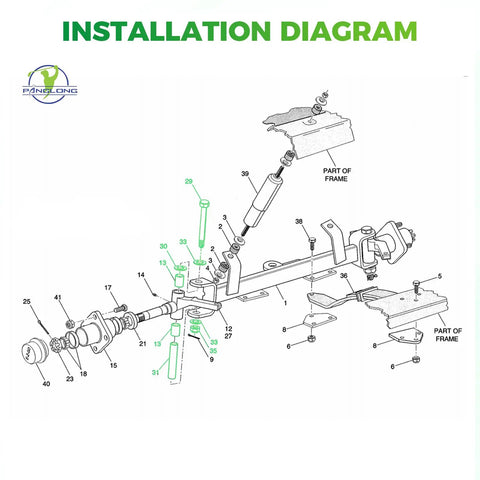 Installation diagram for EZGO Spindle King Pin Tube Bushing Repair Kit with copper sleeve for 1994-2001.5 DCS carts.