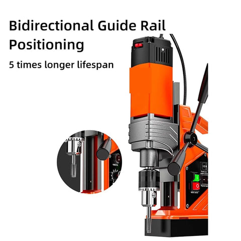 Powerful 1380W Magnetic Drill Press With Adjustable Speed And Self Lube Gearbox Pure Copper Motor showing bidirectional guide rail positioning.