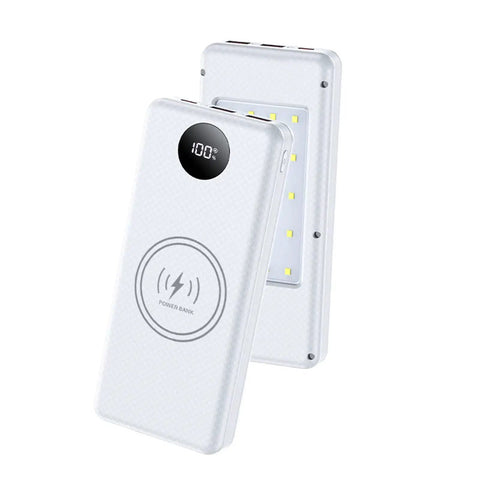 Heavy Duty 8 Bay 18650 Battery Charger Case With Live Digital Display And Usb Pd Fast Charging Build Your Custom Solderless Power Bank Kit That Goes Off On Long Drives Or Weekend Getaways Easily. White portable battery pack with digital display and LED lights.