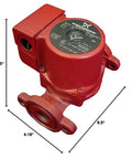Super Brute Hydronic Circulator Pump UPS15-58FC Red Cast Iron Pump with dimensions, ideal for residential hot water systems.