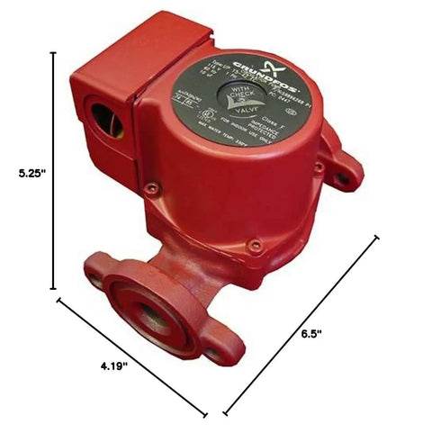 Super Brute Hydronic Circulator Pump UPS15-58FC Red Cast Iron Pump with dimensions, ideal for residential hot water systems.