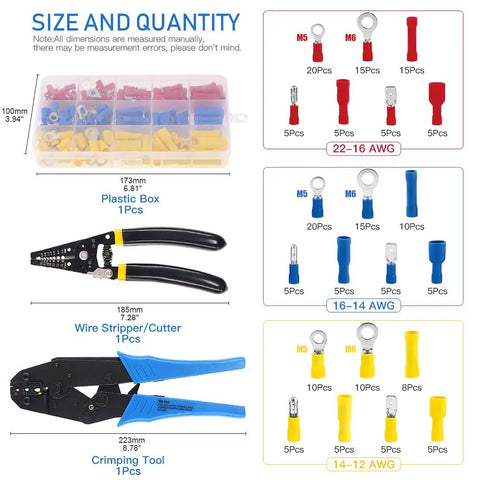 All-In-One Pro-Grade Self-Adjusting Ratchet Wire Crimp Pliers Set With AWG 22-10 Range shown with components and size details.