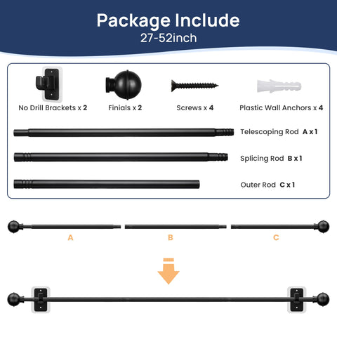 No Drill Curtain Rod For Windows 27 To 52 Inches Adjustable With Five Eighth Inch Diameter, package components in black