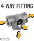 Half Inch Side Outlet Tee Fitting Set For One Half Inch Pipes, black malleable iron, 4-way fitting view, vintage DIY projects
