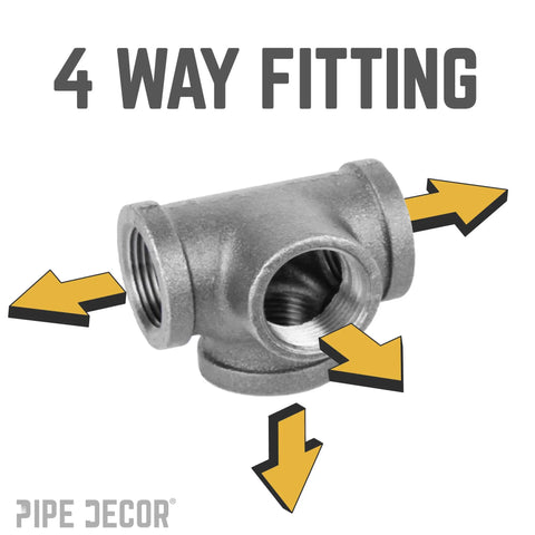 Half Inch Side Outlet Tee Fitting Set For One Half Inch Pipes, black malleable iron, 4-way fitting view, vintage DIY projects