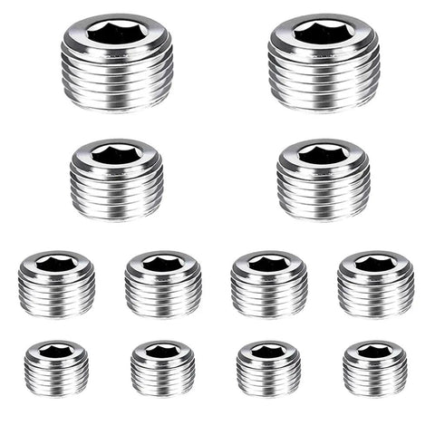 12 Piece Stainless Steel Heavy Duty Male Thread Internal Hex Head Pipe Plug Fittings Set assorted sizes for plumbing systems