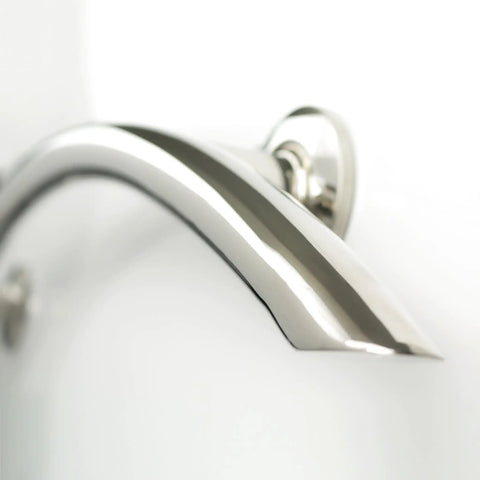 Side view of 30 Inch Crescent Curved Shower Grab Bar Built Tough In Polished 304 Stainless Steel One Piece Welded Cap 250 Pound Weight Capacity.