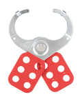 Heavy Duty Nylon Locking Deadbolt With Six Hole Labeling System, Rust Proof Construction, Red And Silver Finish, top view