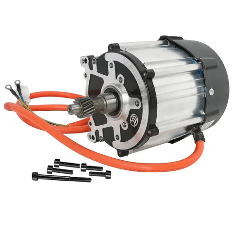 Beefed Up 72V 1500W Brushless Direct Current Motor Paired With Heavy Duty Differential Gearbox, showing motor, connectors, and bolts.