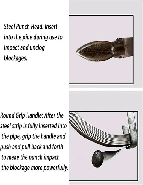 Steel punch head and round grip handle of Badass Manual Drain Snake With Thick Steel Cable Auger For Nasty Main Line Clogs.
