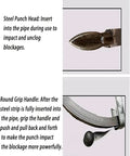 Steel punch head and round grip handle of Badass Heavy Duty Steel Cable Drain Auger for unclogging drains.
