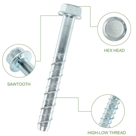Tough As Nails Heavy Duty Hex Head Concrete Anchor Bolts Five Eighths By Four Inch Zinc Plated Carbon Steel Screw Pack close-up showing hex head, sawtooth, and high-low thread features.
