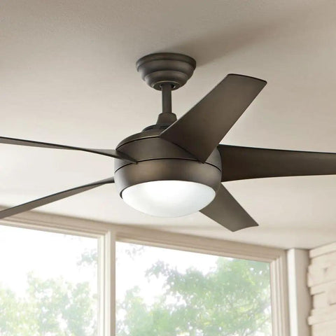 Refurbished Ceiling Light Fixture With LED High Efficiency Design, oil-rubbed bronze finish and frosted glass in living room setting.
