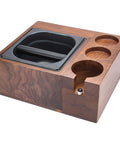 Sleek Wooden Espresso Tamper Station With Integrated Knock Box Fits 58 mm Portafilters, showing polished wood with black knock box.