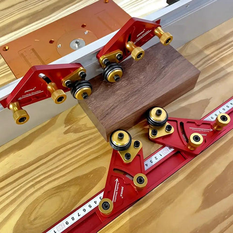 Pro Grade Portable Aluminum Table Saw Roller Feeder Dolly Featuring Smooth Ball Bearings For No Sweat Wide Lumber Pushing And Rock Solid Woodworking Safety Assist Stand with red aluminum rollers and wooden block.