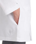 Relaxed Fit Men's Lab Coat With 5 Pockets, Side Slits, Knit Details And 360 Degree Stretch For Easy Movement, White, 34.5 Inch Back Length, X Large, Ideal For Doctors, Nurses, Lab Techs And Medical Students, close-up of side slit and pocket.