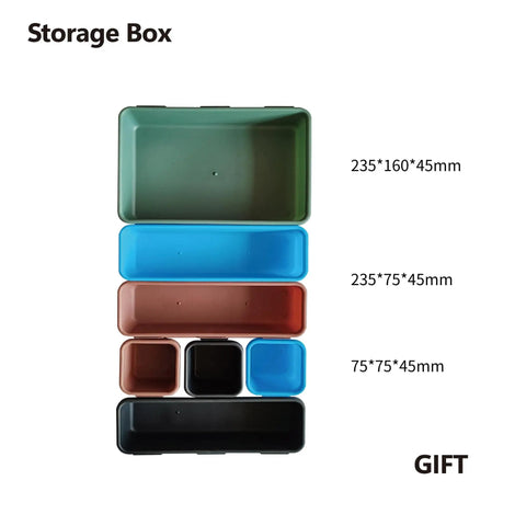Assorted storage boxes in various sizes and colors, shown from the top view, with dimensions labeled next to each box.