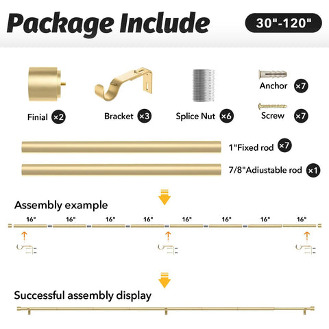Gold Curtain Rods For Windows 66 To 120 Inches, 1 Inch Adjustable Set Parts and Assembly Instructions