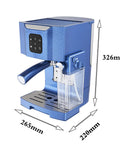 Go To 20 Bar High Pressure Espresso Machine With Auto Milk Frother And Multi Function Settings, blue side view, dimensions shown.