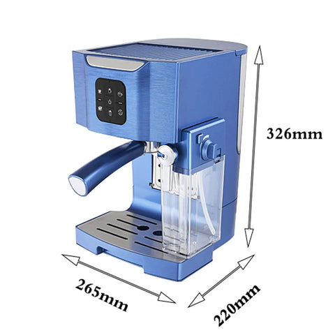 Go To 20 Bar High Pressure Espresso Machine With Auto Milk Frother And Multi Function Settings, blue side view, dimensions shown.