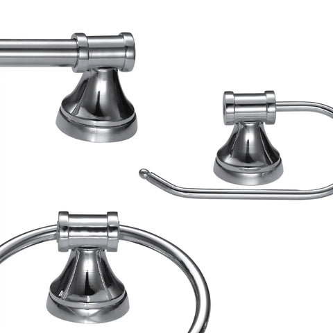All-In-One Chrome Bathroom Set with towel bar, towel ring, and robe hook close-up, modern vintage vibe for any style.
