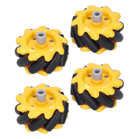 Mecanum wheels set: four yellow 48mm wheels with gray hubs and black rollers for omni-directional DIY robot car