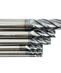 Six-piece silver carbide square end mill set with AlTiN coating; diameters 1/8, 3/16, 1/4, 5/16, 3/8, 1/2 in.