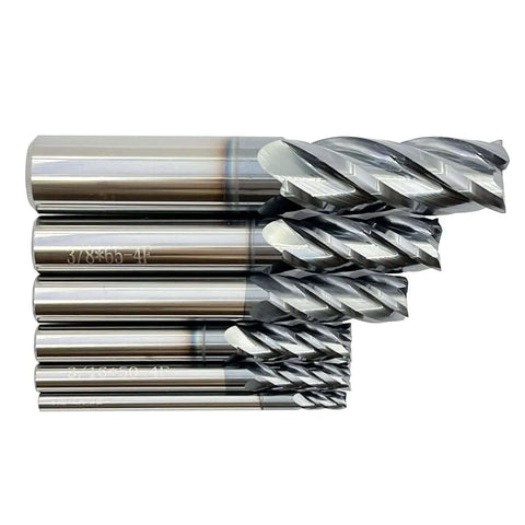 Six-piece silver carbide square end mill set with AlTiN coating; diameters 1/8, 3/16, 1/4, 5/16, 3/8, 1/2 in.
