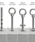 Tough As Nails Heavy Duty 304 Stainless Shoulder Eye Bolts Set, 3/8-16 Thread, 6 Inch Long, 20 Pcs With Nuts And Washers, Fixing Kit For Wood Metal And Outdoor Projects. Step-by-step shoulder eye bolt installation with drill, washer, and nut