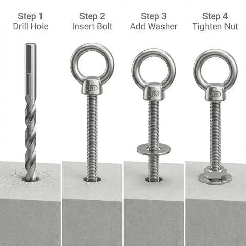 Tough As Nails Heavy Duty 304 Stainless Shoulder Eye Bolts Set, 3/8-16 Thread, 6 Inch Long, 20 Pcs With Nuts And Washers, Fixing Kit For Wood Metal And Outdoor Projects. Step-by-step shoulder eye bolt installation with drill, washer, and nut