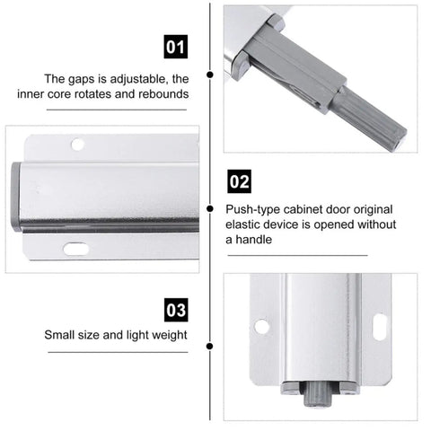 Five Pack Push To Open Cabinet Latches With Magnetic Closure And Long Stroke Magnets Aluminum Alloy Hidden Locks For Kitchen Cabinets And Drawers No Handle Design Silver Finish