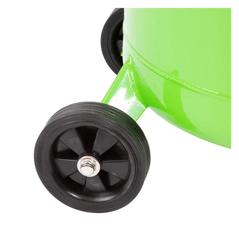 Close-up of wheel on 18 Gallon Spillproof Portable Oil Drain Pan With Rolling Cart And Steel Waste Oil Container For Easy Oil Changes