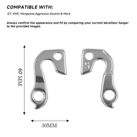 2 Pack Derailleur Hanger Replacement For Mountain And Road Bikes That Fits GT KHS Mongoose Aggressor Kestrel And More Durable Aluminum Easy Install With Screws Included Reliable Spare For Quick Shifts And Emergency Repairs showing dimensions