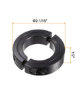 Beefed-Up Double Split Shaft Collar For One And A Quarter Inch Rod Two And One Sixteenth Inch Outer Diameter One Half Inch Wide Black Oxide Clamp-On Collar With Set Screw For Tight No-Slip Lock On Machinery in close-up view.