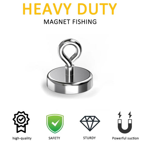 Beefy Neodymium Fishing Magnet With 110 Lbs Pulling Power, Heavy Duty Round Magnet With Lifting Eye Bolt, 1.42 Inch Diameter, shown on white