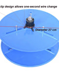 Close-up of blue reel for Folding Cable Payoff Stand With Three Quarter Reels For Construction Sites And Home Wiring.