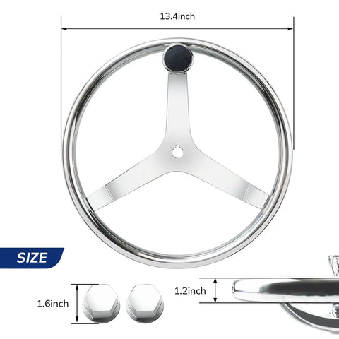 3 Spoke Stainless Steel Boat Steering Wheel With Turning Knob 13.5 Inch Diameter Marine Helm Wheel With Easy Grip And Dual Mounting Nuts