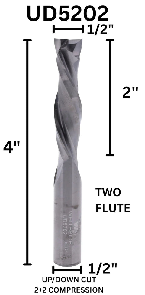Up Down Cut Spiral Bit With Solid Carbide, 1/2 Inch Diameter, 2 Inch Cutting Length, 4 Inch Overall, shown with dimensions.