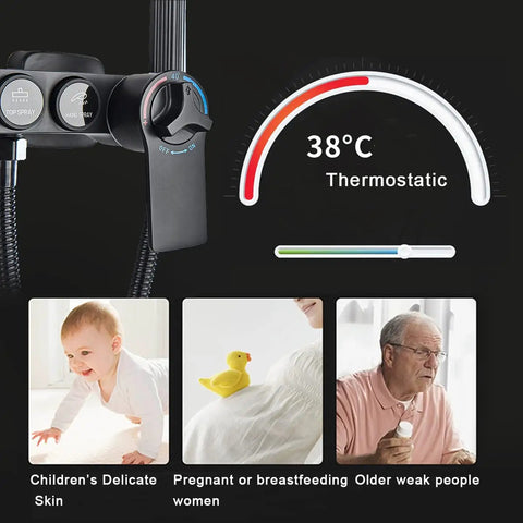 Dope Matte Black Outdoor Shower System With Thermostatic Control showing 38°C setting and suitable for various users.