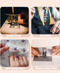 Collage showing machine threading, sewing buttons, hand sewing clothes, and machine sewing clothes with thread set.