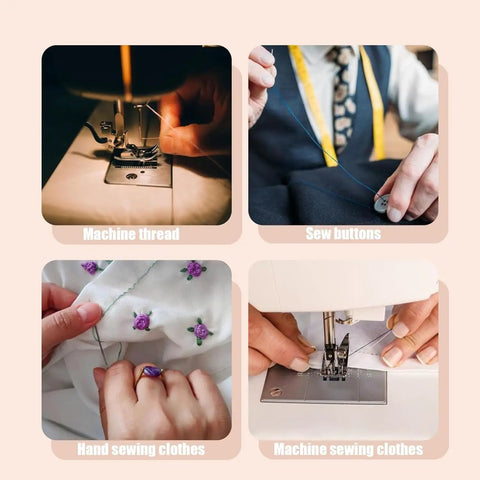 Collage showing machine threading, sewing buttons, hand sewing clothes, and machine sewing clothes with thread set.