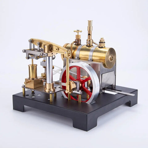 Full Metal Steam Engine Model Kit With Horizontal Boiler showcasing brass components and red flywheel
